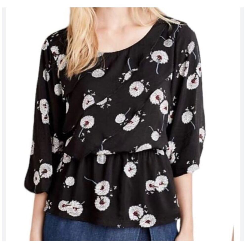 Anthropologie Deletta Womens Blouse Size Small Black Floral Peplum Boho Business